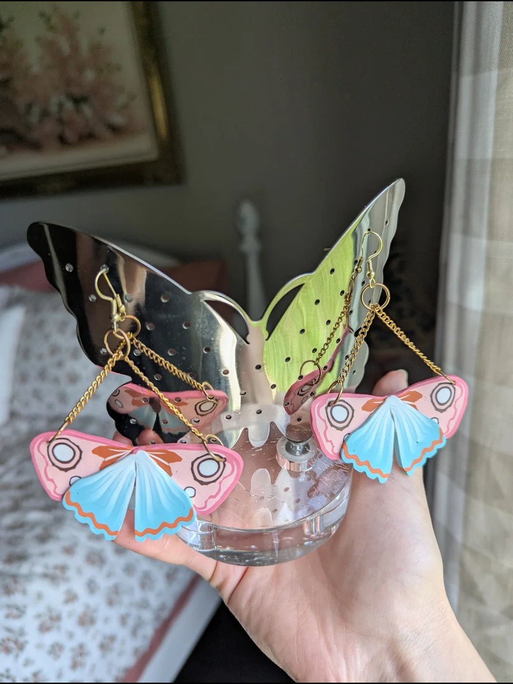 Pink & Blue Butterfly Drop Clay Earrings
